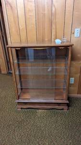 Vintage den group cabinet with sliding glass doors and 3 glass shelves, Lamp and art (c 1978)