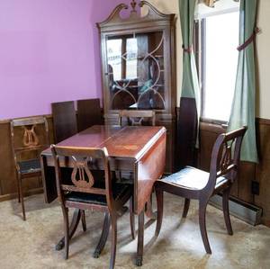 Antique Dining set for small area  Drop Leaf Dining Room Table and 4 chairs with Corner china hutch