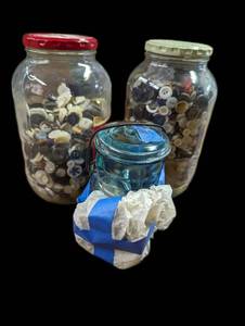 Antique and vintage buttons in vintage blue Glass Canning jar 2 large jars filled with vintage buttons of all sizes