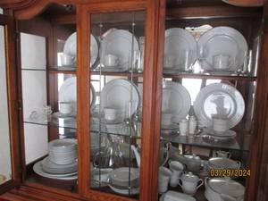 lot 61 image: Classic collection of white Mystique Celebrity fine China, etched glass glassware and pitcher and weighted glass figurine decor
