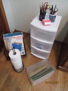 lot 94 image: 3-drawer plastic organizer with office organizers and supplies plus a freestanding toilet paper holder