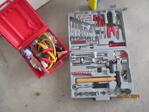lot 117 image: Automotive emergency kit with jumper cables and other accessories PLUS large compartmentalized hand tool set