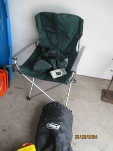 lot 120 image: Twin Suze double high Coleman Inflatable bed plus Ozark trail fold up camping arm chair with carrying bag