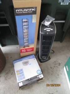 lot 128 image: Atlantic Pacman Media tower, Taylor electronic scale and Lasko ceramic element oscillating heater with remote