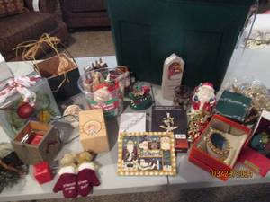 lot 150 image: Rubbermaid tote loaded with Christmas giftables, decor and more