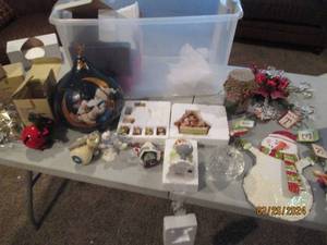 lot 151 image: Storage tote of Christmas faux floral picks, porcelain mini Nativity figurine set and other decor