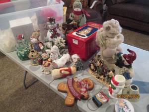 lot 152 image: Storage tote filled with Christmas figures and other holiday decor