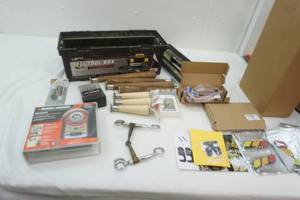 lot 142 image: Tool Box with Tools & Jeep Visor Repair Kit, TRD Emblem for 4Runner, 12V Bus Power bar, Drill Bits, Black & Decker Bullseye, legs