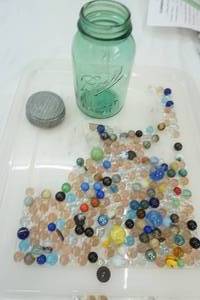 lot 38 image: Vintage Green Ball Jar, with Marbles