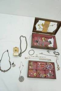 lot 42 image: Wooden Jewelry Box & a Variety of Costume Jewelry