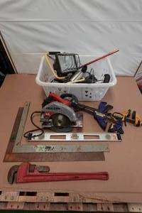 lot 181 image: Assorted Tools -Squares, Saw, Lights