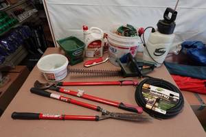 lot 182 image: Assorted Yard and Lawn Care -Garden Hose, Hedge Trimmer, Home Defense