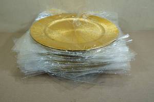 lot 9 image: 25 13 Round Reuseable Charger Plates -Gold