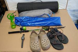 lot 141 image: Assorted Camping -Crocs, Sandals(Size 13), Fishing Pole