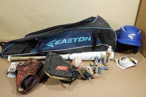 lot 145 image: Easton Baseball Gear Bag with Gear -Lizard Skin, Gloves, Bat, Helmet