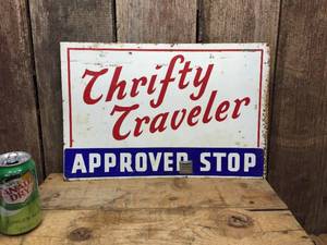 lot 10 image: Vintage 2-Sided Thrifty Traveler Metal Sign