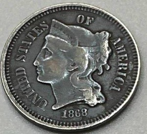lot 3 image: 1868 Three Cent Nickel