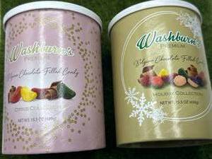 lot 60 image: 2 Tubs Washburn Premium Belgium Chocolate Filled Candy ($48retail)