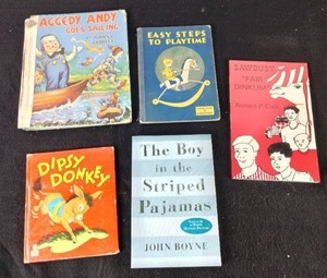 Collection of (5) Vintage and Modern Books Sawdust Fair Dinkum, The Boy in the Striped Pajamas, Dipsy Donkey, Easy Steps to Playtime, Raggedy Andy Goes Sailing