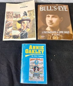Collection of (3) Books Annie Oakley by Shirl Kasper, Bulls-Eye by Sue Macey, and Buffalo Bill and the Wild West