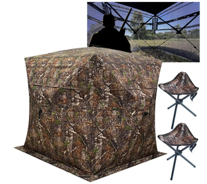 lot 31 image: Portable 2-3 Person 270 Degree See Through Hunting Blind Ground Camouflage Pop Up Turkey Deer Blinds Tent with 2 Stools