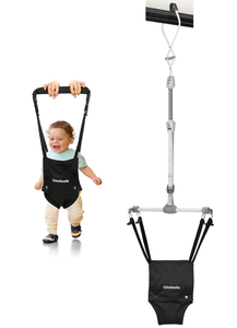 lot 302 image: Cowiewie 2 in 1 Baby Door Jumper wBaby Walking Harness Function, Baby Jumper with Door Clamp Adjustable Strap and Seat (Black)