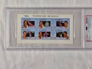 lot 156 image: 1992 St. Vincent Dream Team U.S. Olympic Basketball Stamps PSA 6 - Michael Jordan, Charles Barkley, John Stockton, Chris Mullin, Clyde Drexler, Patrick Ewing