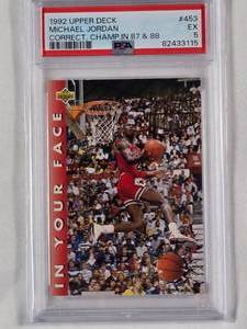 lot 162 image: Michael Jordan 1992 Upper Deck Correct Champ in 87 &  88 No. 453 PSA Graded 5 EX