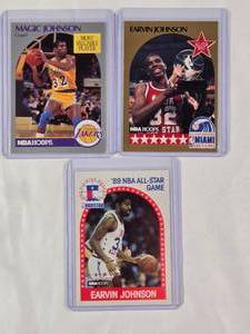 lot 198 image: Lot of 3 Earvin Magic Johnson 1990 Hoops All-Star 18, 1989 Hoops All-Star No. 166, 1990 Hoops MVP No. 157