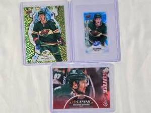 lot 208 image: Lot of 3 Minnesota Wild Cards Joel Eriksson Ek 2021-22 UD No. 59, Adam Beckman 2021-22 UD MI-9, Brandon Duhaime Young Guns C369