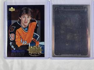 lot 218 image: Lot of 2 Wayne Gretzky Cards 1990 Upper Deck Mirror Superstars, 1996 Upper Deck All-Star Game Records No. G17