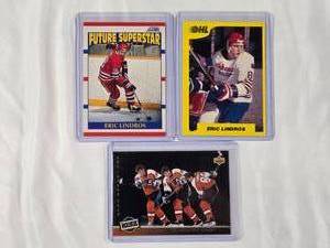 lot 220 image: Lot of 3 Eric Lindros Rookie Cards Upper Deck No. 280, Score No. 440, 7th Inning Sketch No. 196