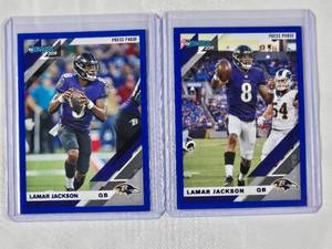 lot 248 image: Lot of 2 Lamar Jackson 2019 Panini Blue SP Press Proof No. 25 & 25 V