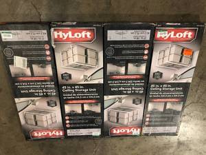lot 12 image: Lot of HyLoft White Adjustable Metal Overhead Garage Storage Rack (45 in W x 45 in D)  Customer Returns See Pictures
