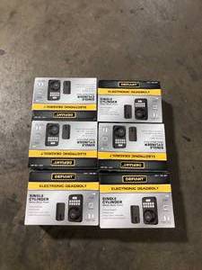 lot 44 image: Lot of Defiant Single Cylinder Square Electronic Keypad Deadbolt Matte Black   Customer Returns See Pictures