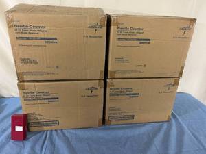 lot 17 image: MSRP $600  4&nbspCases (50 red boxes per case) NEW Medline O.R. Necessities Sterile Latex-Free Needle Counters - Foam Block & Magnet with Blade Remover Red Containers (Counts 20 Needles Per Container During Operation) Boxes Great For Other Uses