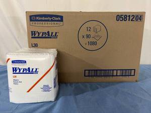 lot 43 image: MSRP $200  1 Case (12 - 90packs per case) NEW Kimberly-Clark Professional 05812 L30 12.5 x 12 WypAll Heavy Duty Cleaning Towels Wipers - White number one brand of disposable wipes in the US and Canada I want these