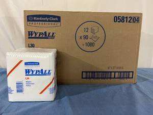 lot 44 image: MSRP $200  1 Case (12 - 90packs per case) NEW Kimberly-Clark Professional 05812 L30 12.5 x 12 WypAll Heavy Duty Cleaning Towels Wipers - White number one brand of disposable wipes in the US and Canada I want these