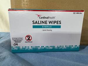 lot 57 image: MSRP $700  1 Case (2400 Wipes) NEW Cardinal Health MW-SAL 24-Pack Sterile Single-Use Gentle Cleansing Saline Wipes - Expiration 03-24