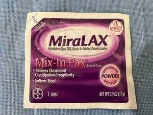 lot 65-A image: 1 Box NEW Bayer MiraLAX 24-Pack Travel Size Mix-In Pax Powder for Solution Osmotic Laxatives