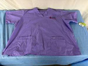 lot 107 image: Lot of 12 NEW Mixed Size Landau V-Neck Two Pocket Nursing Healthcare Uniform Top Scrubs - Purple - With Tags Has Logo SRJC Nursing
