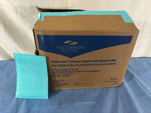 lot 86 image: MSRP $100  1 Case (500 each) NEW Patterson Dental 07-107-0846 18 x 13 3-Ply Paper with 1-Ply Poly Patient Towels Poly-Backed Bib - Teal