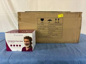 lot 123 image: WOW MSRP $2500  1 Case (432 each) ClearMask CM001EZ Single-Use Anti-Fog Fluid Resistant Latex-Free Transparent Face Mask with EZ Adjuster - Selling On Grainger.com - $160 per 24 Each These are packed in boxes of 24 each - see pics