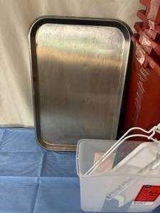 lot 159 image: Lot of Various Items (Mayo Stand Tray Inserts, New Safety Needle Trash Bins, New In Box Digital Non- Contact Infrared Thermometers, etc.)