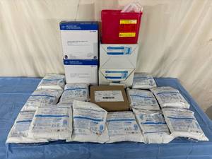 lot 168 image: $$$ Lot of 12 NEW Fabric-Reinforced Disposable Surgical Gowns with Towel Astound X-Large Blue Sterile AAMI Level 3 Protection Fluid Resistant  NEW Bouffant Caps, High Top BootShoe Covers, Sharps Collectors & Fluidized Positioner Covers
