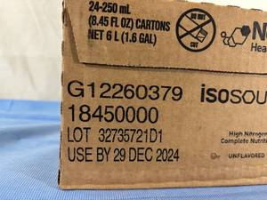 lot 169 image: 1 Case (24 each) NEW Nestle Health Science 18450 8.45 fl oz. IsoSource HN High Nitrogen Complete Nutrition Tube Feeding Formula - Expiration 1224