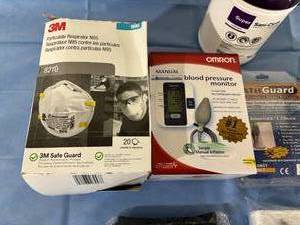 lot 171 image: Lot of Various Medical Items (Respirator Masks, New In Box Omron Blood Pressure Monitor, Disposable Wipes, etc.)