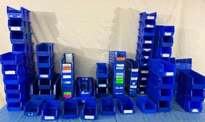 lot 81 image: WOW MSRP $1500 Gigantic Lot of 100 Akro-Mils Item Supply Storage & Organization Bins (mixed sizes) - Hangs On Walls & Perfect For Cart Drawers - These bins reduce manufacturers storage space by 50% Excellent Condition