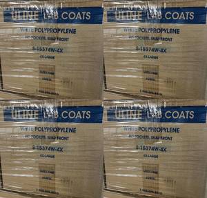 lot 127 image: $$$ 4 Cases (25 coats per case)&nbspUline White Water Resistant Lab Coat - No Pockets Snap Front&nbspclosure for ultimate comfort & convenience. Breathable spunbond material protects from dust and grime- Size 4XL 