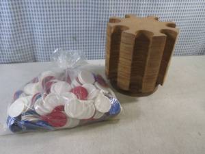 lot 24 image: (D-2) Homemade Wood Poker Chip HolderOrganizer and Bag of Poker Chips